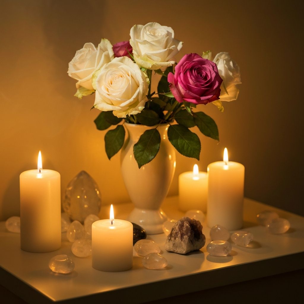 Rituais espirituais com velas e flores